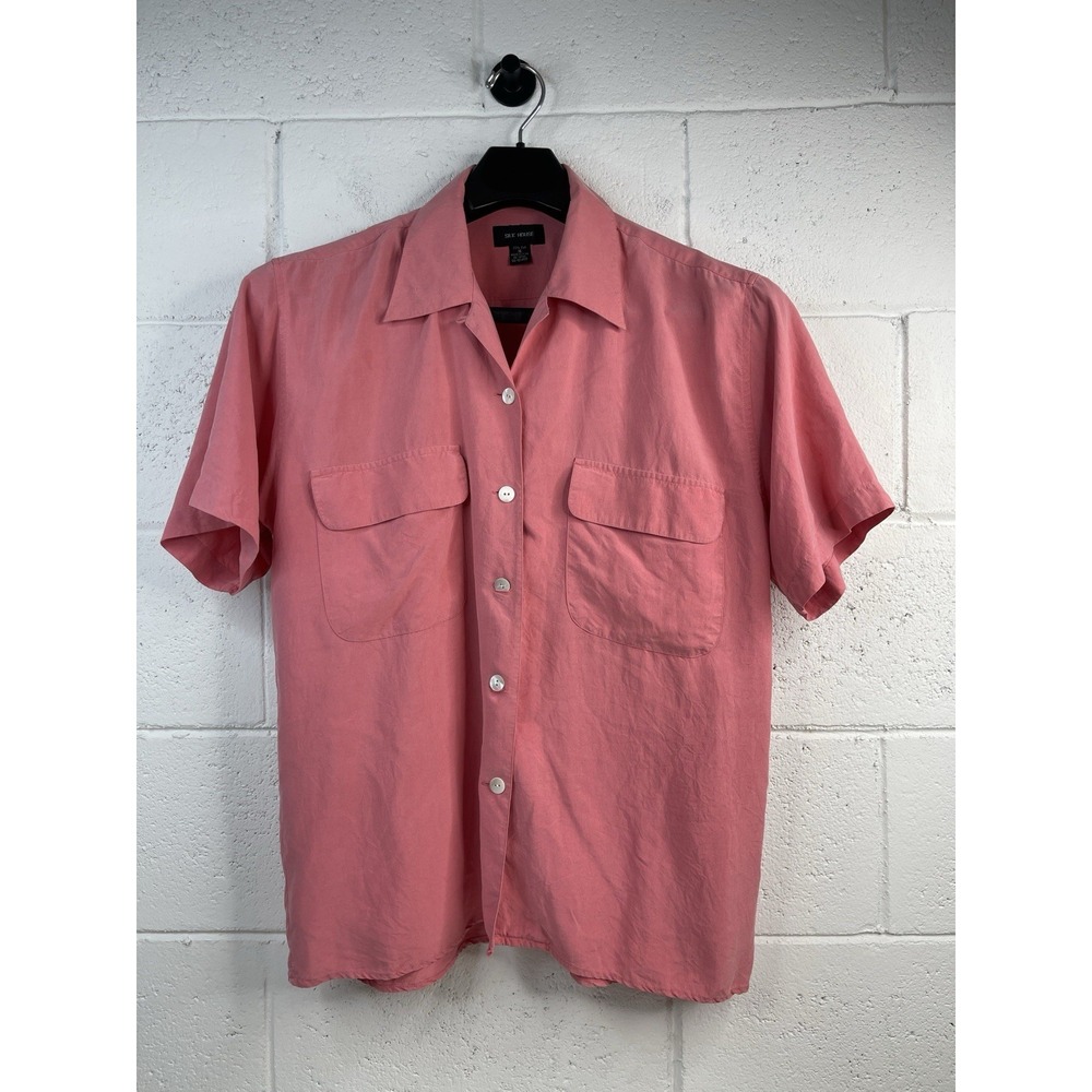Vintage Womens Salmon Pink Silk House Button Down Shirt Retro Cottage Sz 16